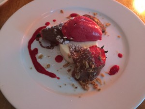 Dessert: Panna cotta med bringebærsorbet og sjokoladedyppede jordbær