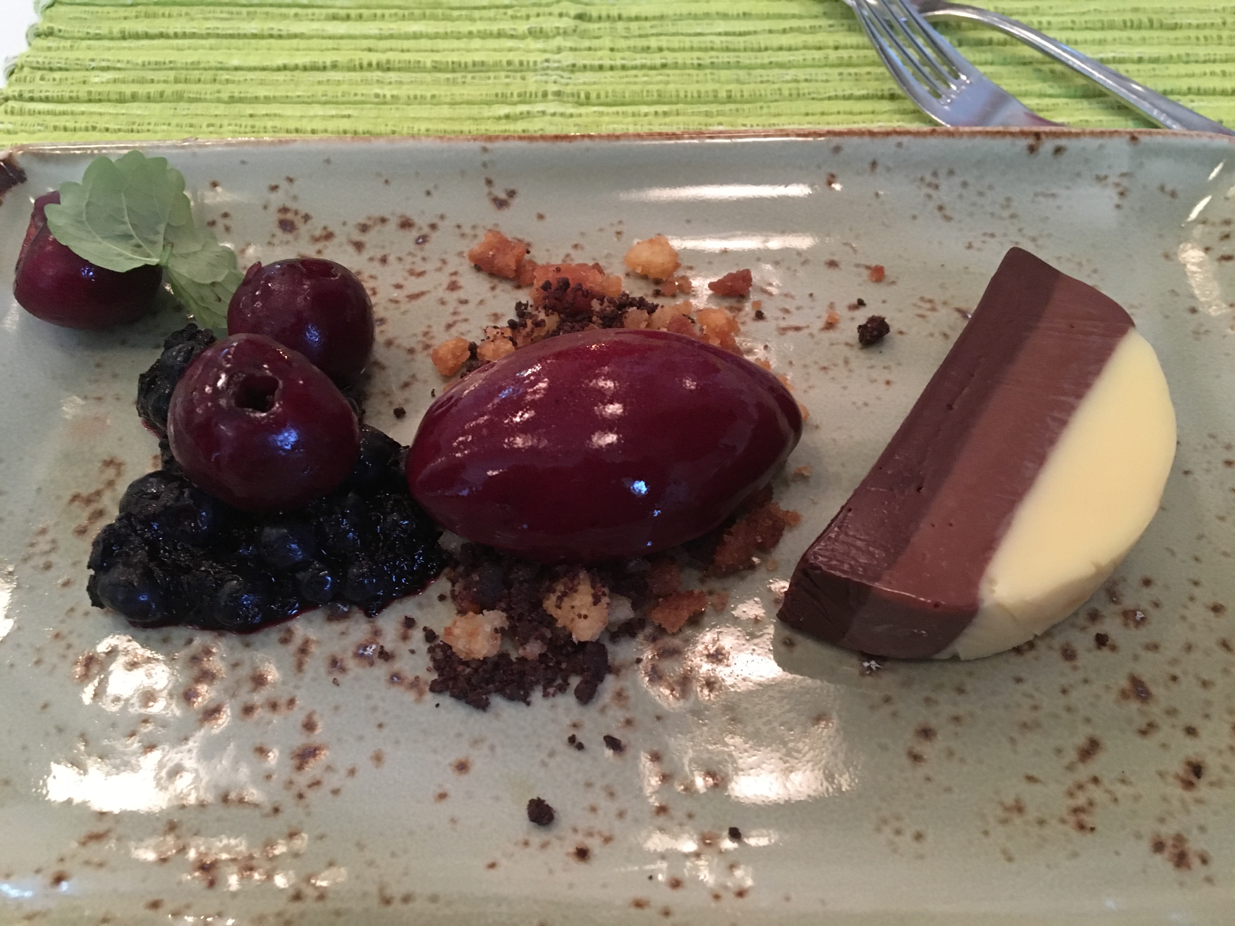 Sjokoladetrio-terrin med moreller og blåbær